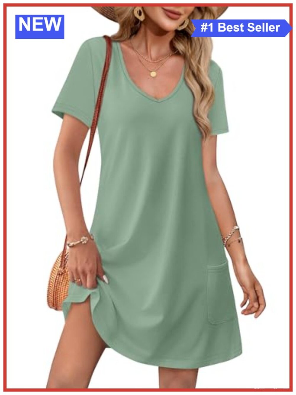 Women's Loose V Neck Short Sleeve Casual T Shirt Dress with Pockets